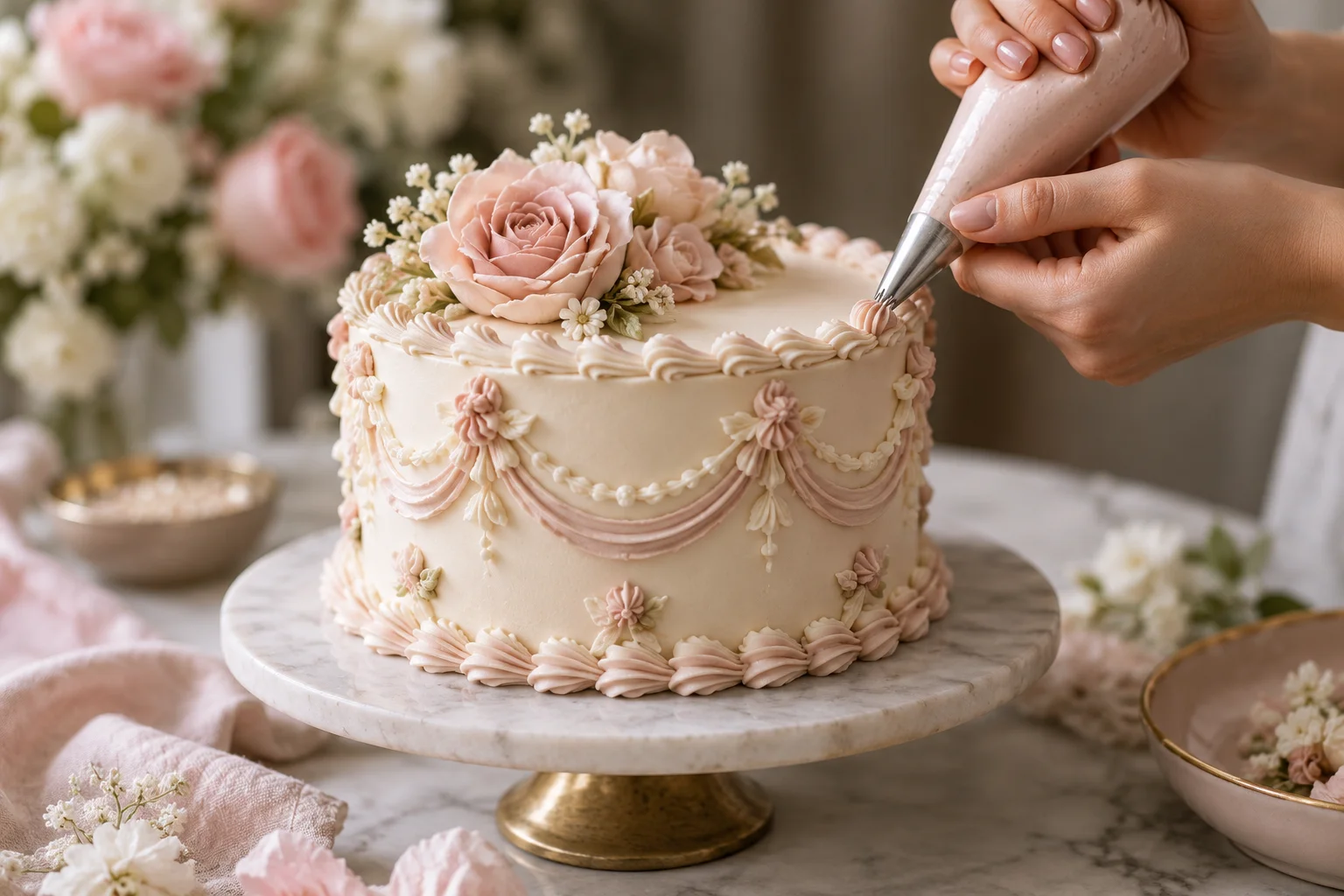 Fine buttercream detail and delicate floral cake decoration