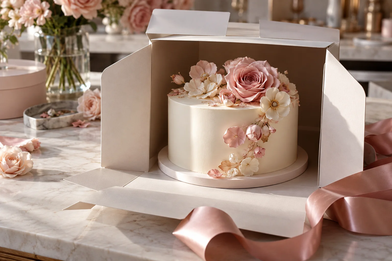 Finished cake in a carefully arranged presentation setting