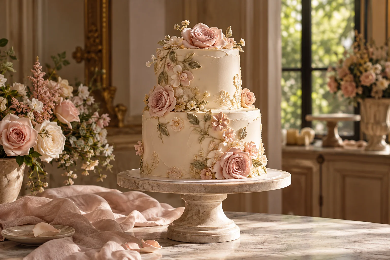 Sculptural celebration cake with soft rose decoration on a porcelain stand