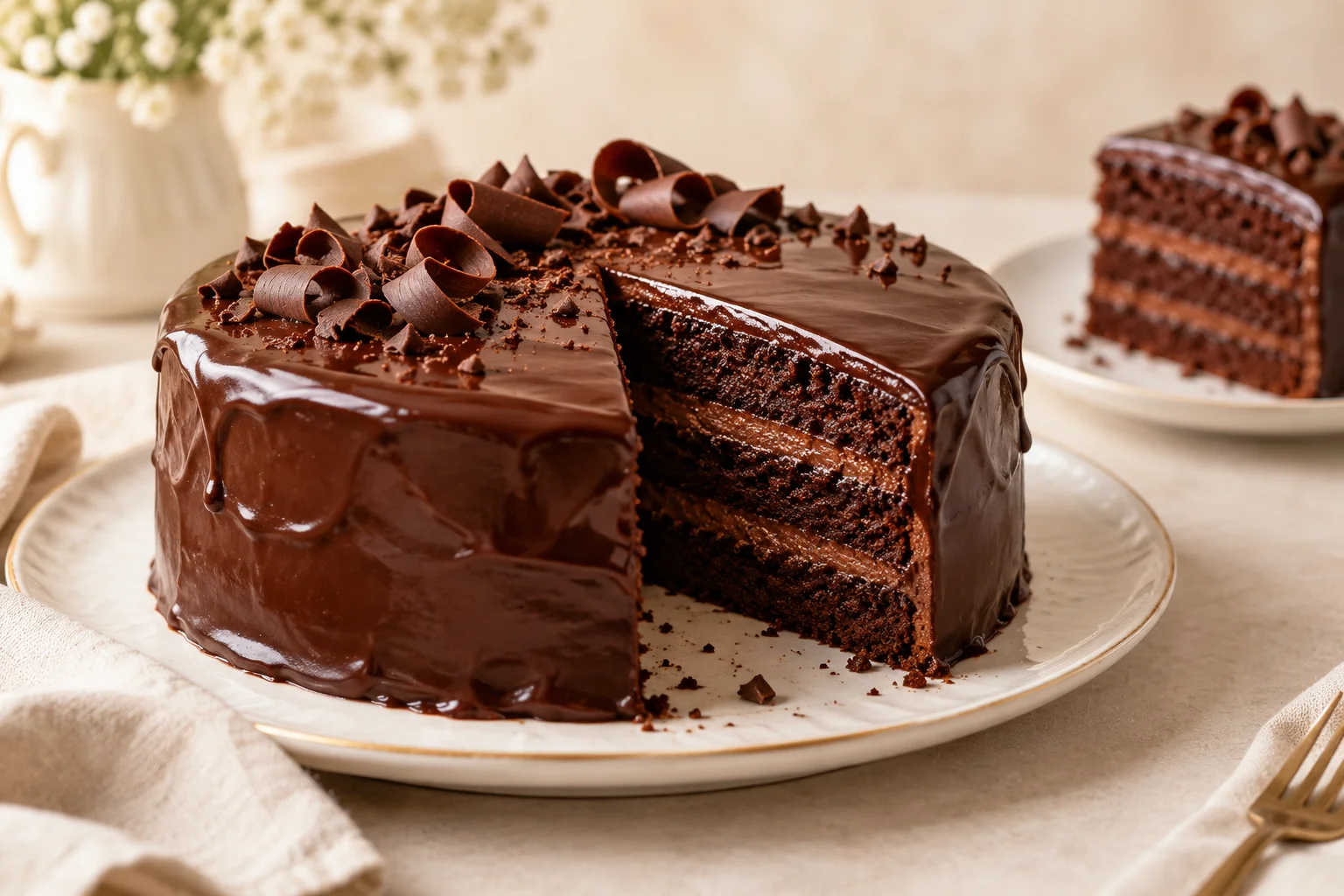 Chocolate cake layers on a porcelain plate
