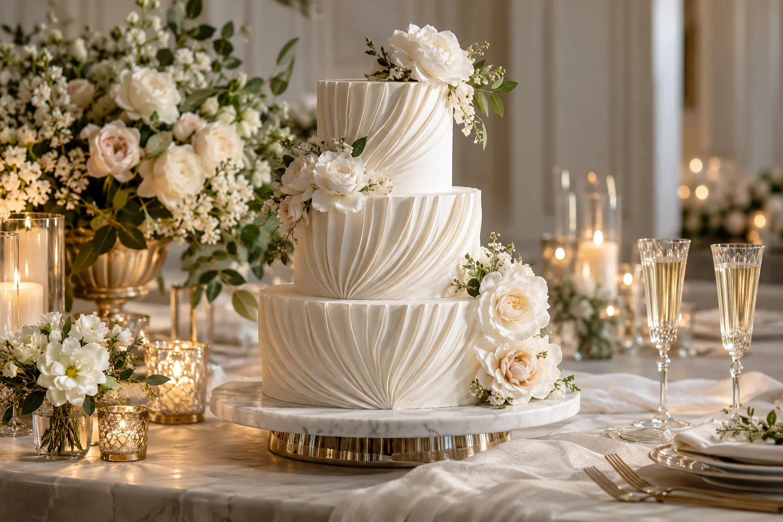 Sculptural three-tier wedding cake