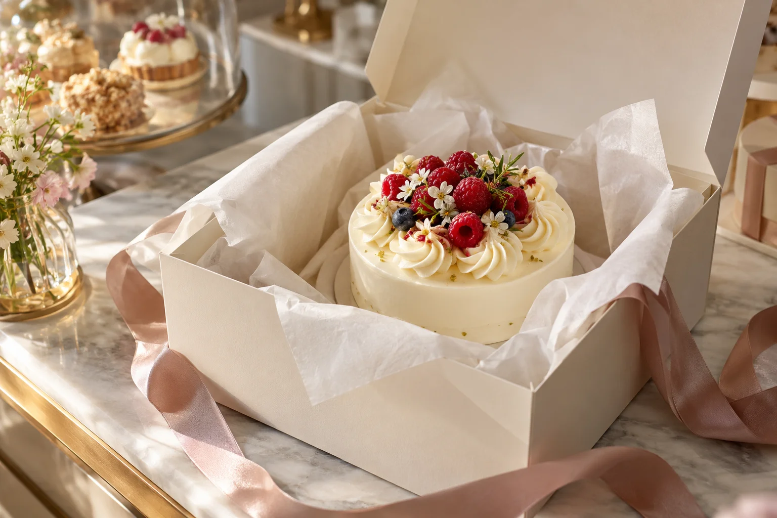 Cake prepared in protective packaging
