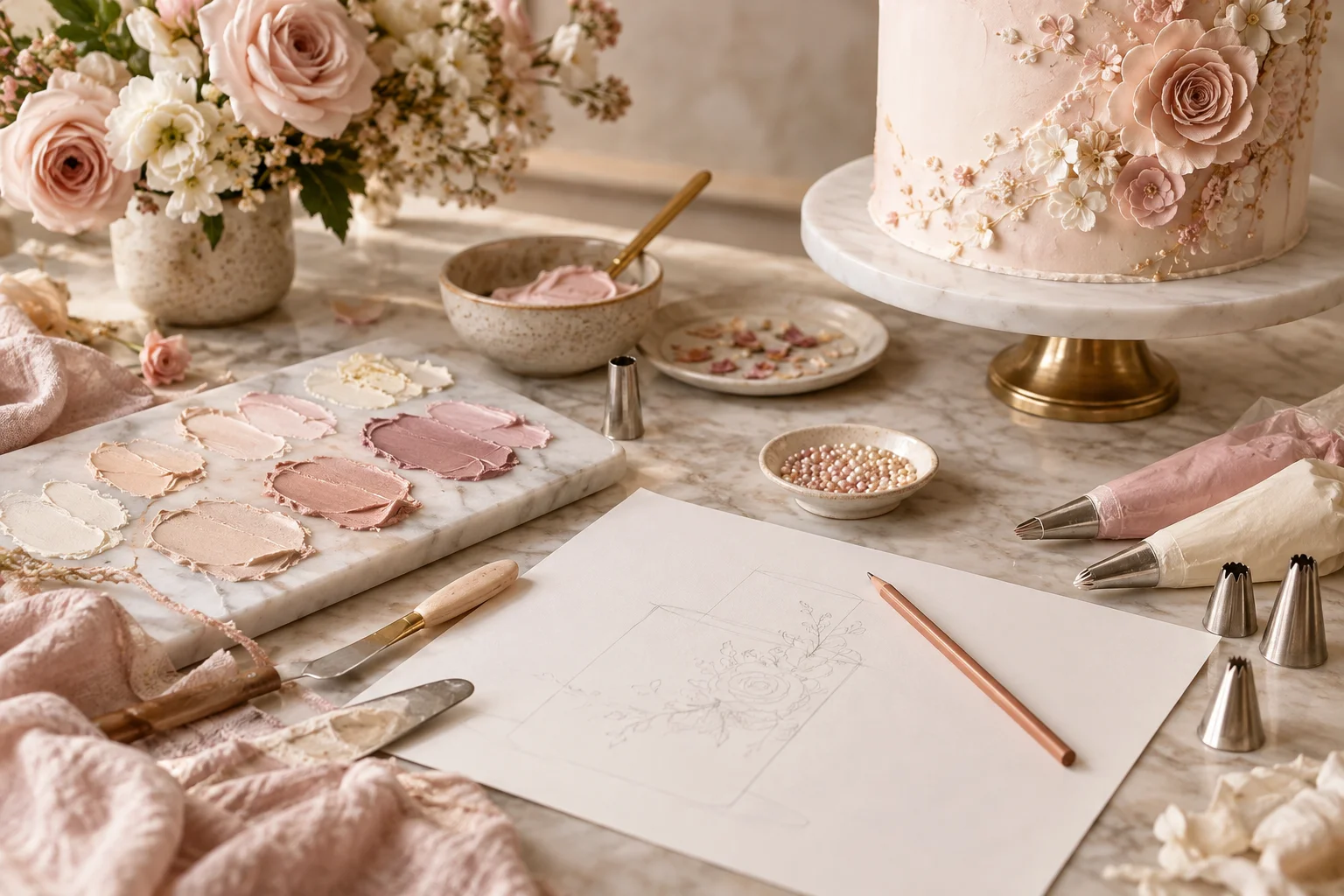 Hands refining a cake finish with pastry tools Hands refining a cake finish with pastry tools